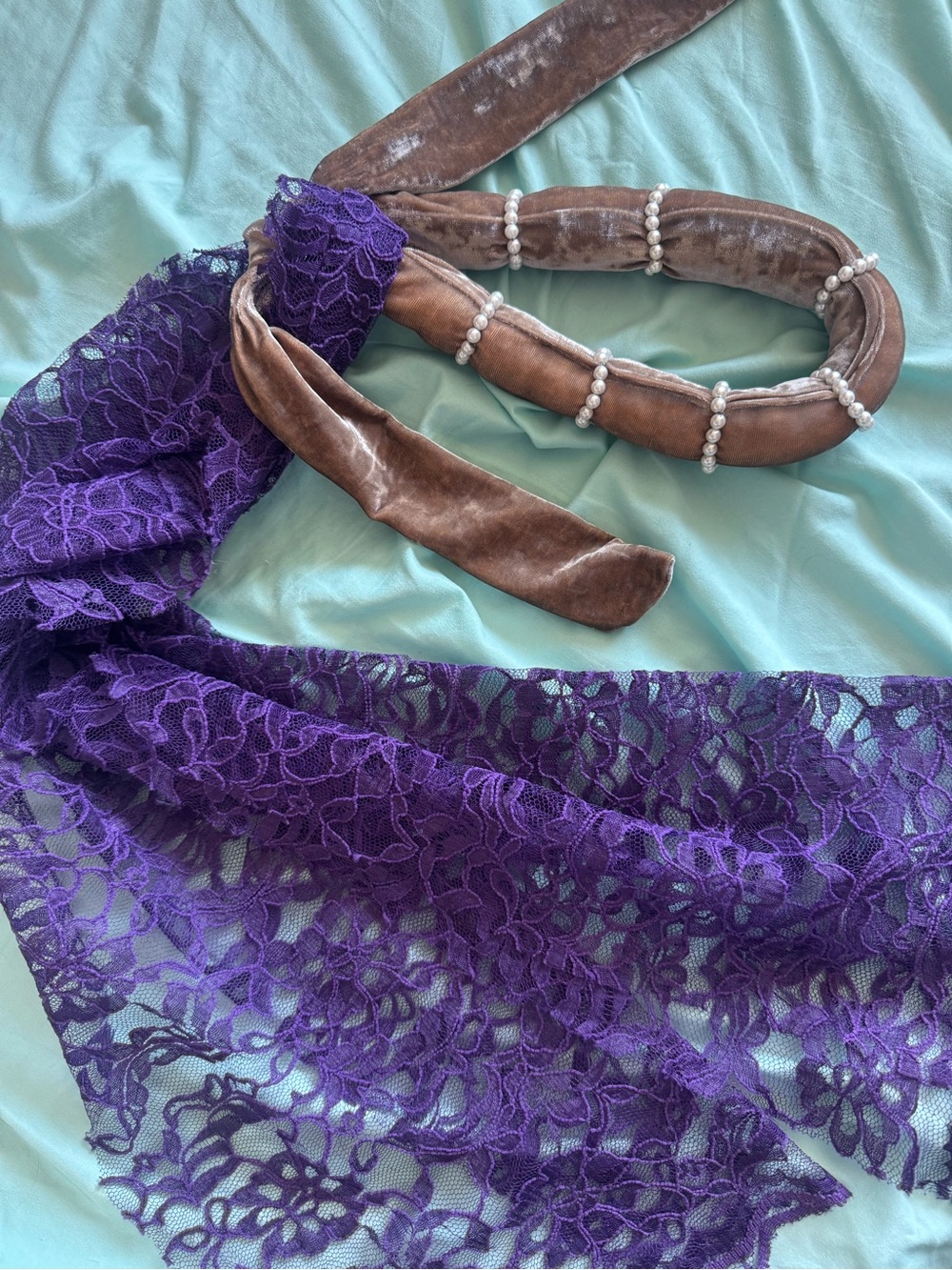 Tan Velvet-Pearl Headband Crown with Purple Lace Tail